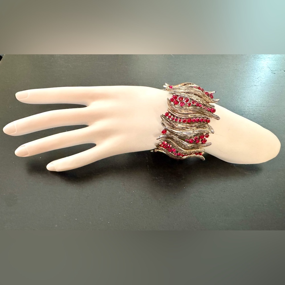 Vintage Statement Metal Bracelet with Red Stones